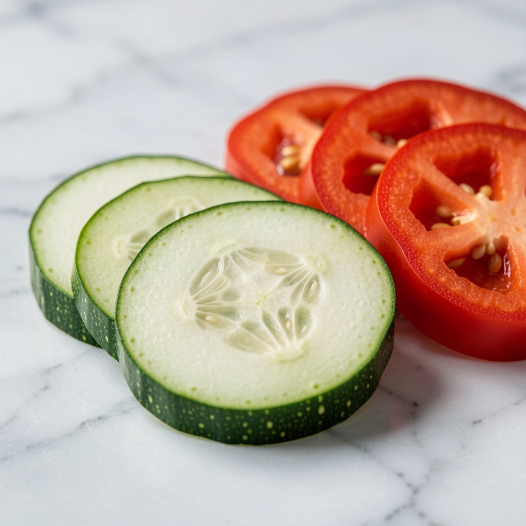 Makroaufnahme von frischen Gemüsescheiben auf einer Marmorfläche, detaillierte Textur von Zucchini und Paprika in natürlichem Licht