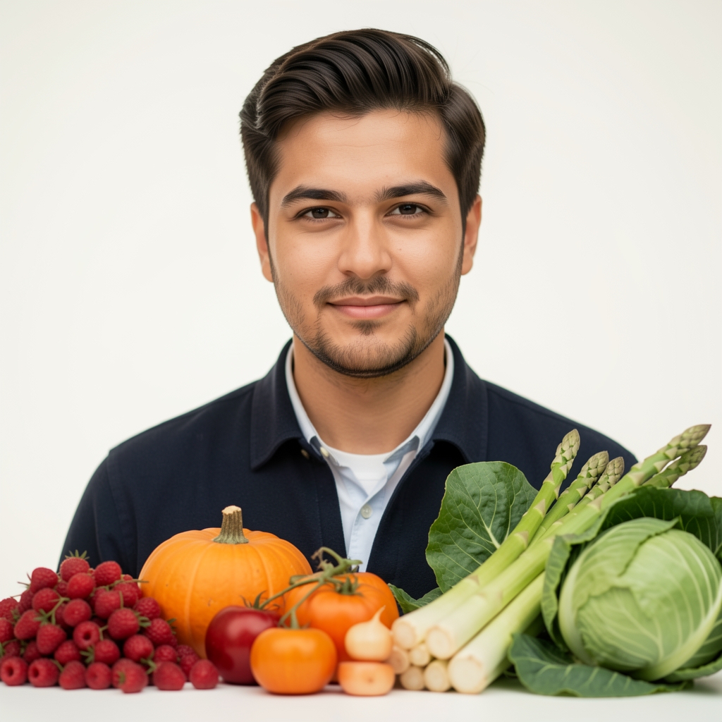 Frische Gemüse und Obst verschiedener Jahreszeiten nebeneinander auf einem hellen Hintergrund, Erdbeeren, Kürbis, Spargel, Kohl