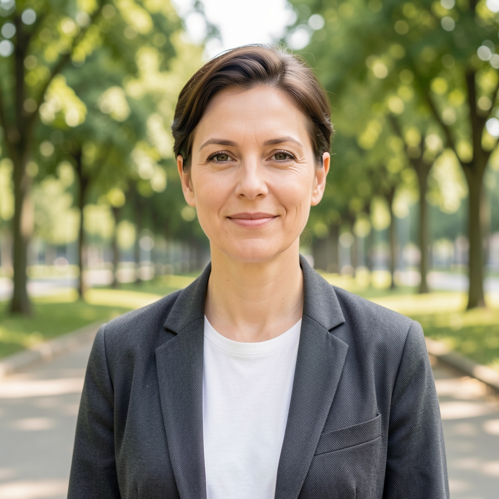 Person beim ruhigen Spaziergang in einem hellen Stadtpark, Weitwinkelaufnahme mit weichem Morgenlicht und grünen Bäumen im Hintergrund