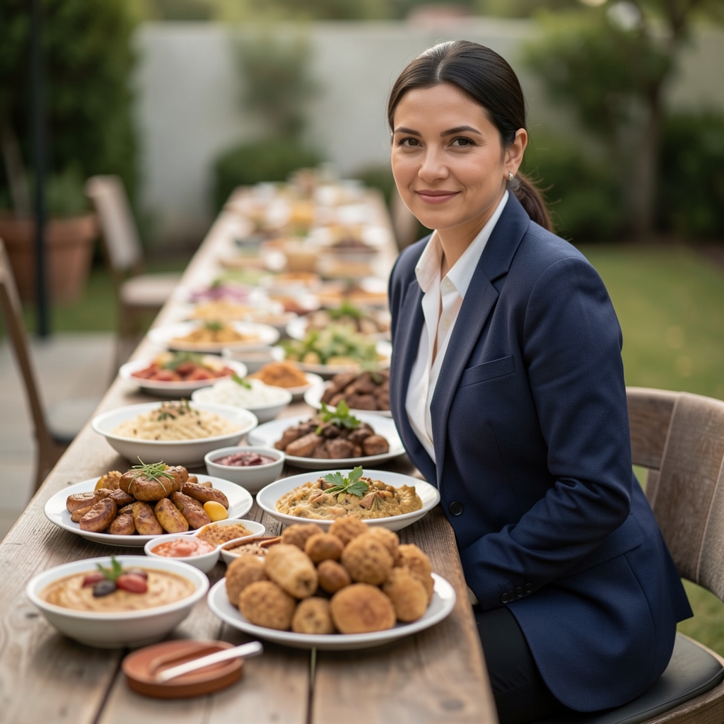 Verschiedene traditionelle Speisen aus unterschiedlichen Ländern auf einem langen Tisch, Draufsicht, keine Personen, ruhige neutrale Beleuchtung