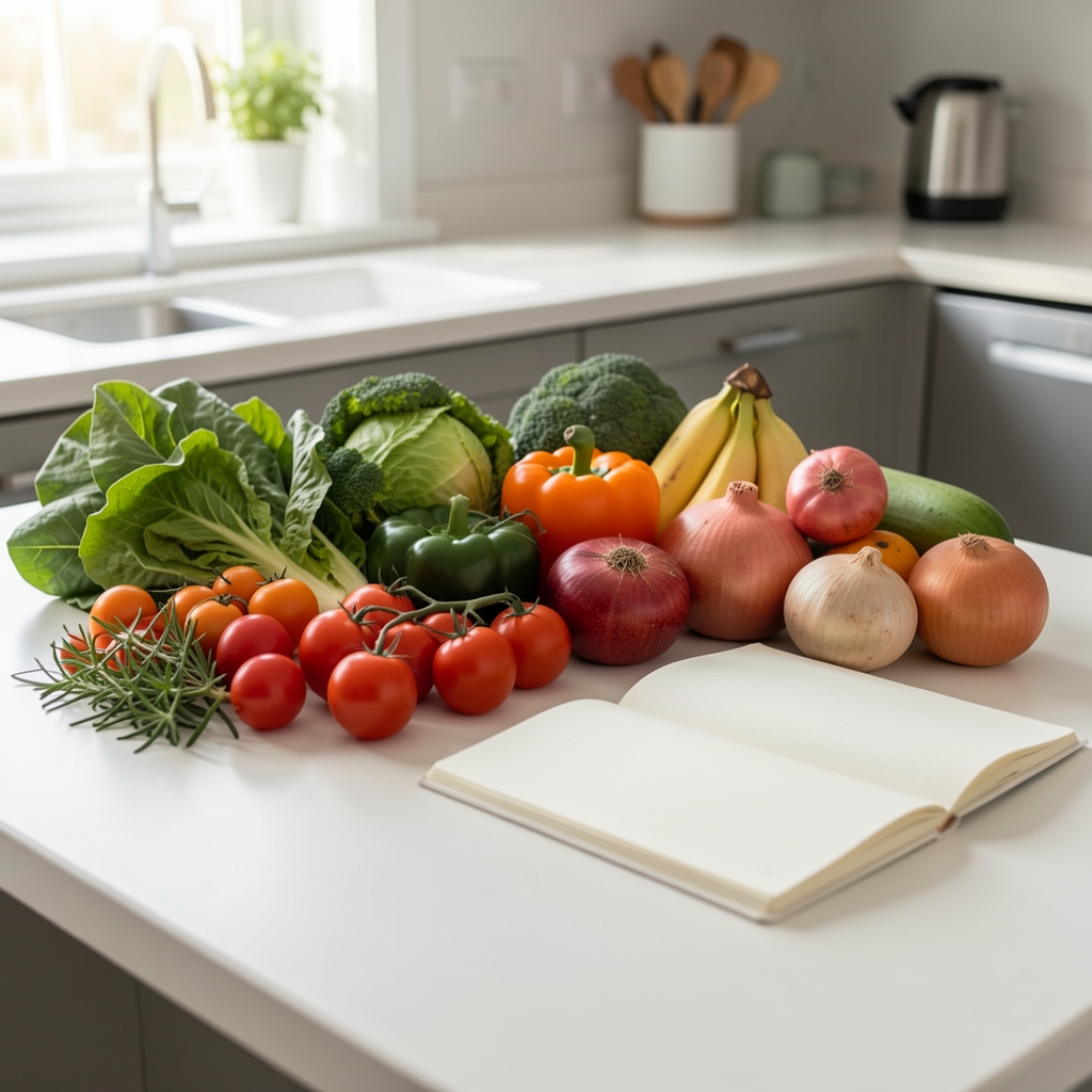 Ruhige, ordentlich arrangierte frische Lebensmittel auf einem hellen Küchentisch, neben einem aufgeschlagenen leeren Notizbuch, natürliches Seitenlicht