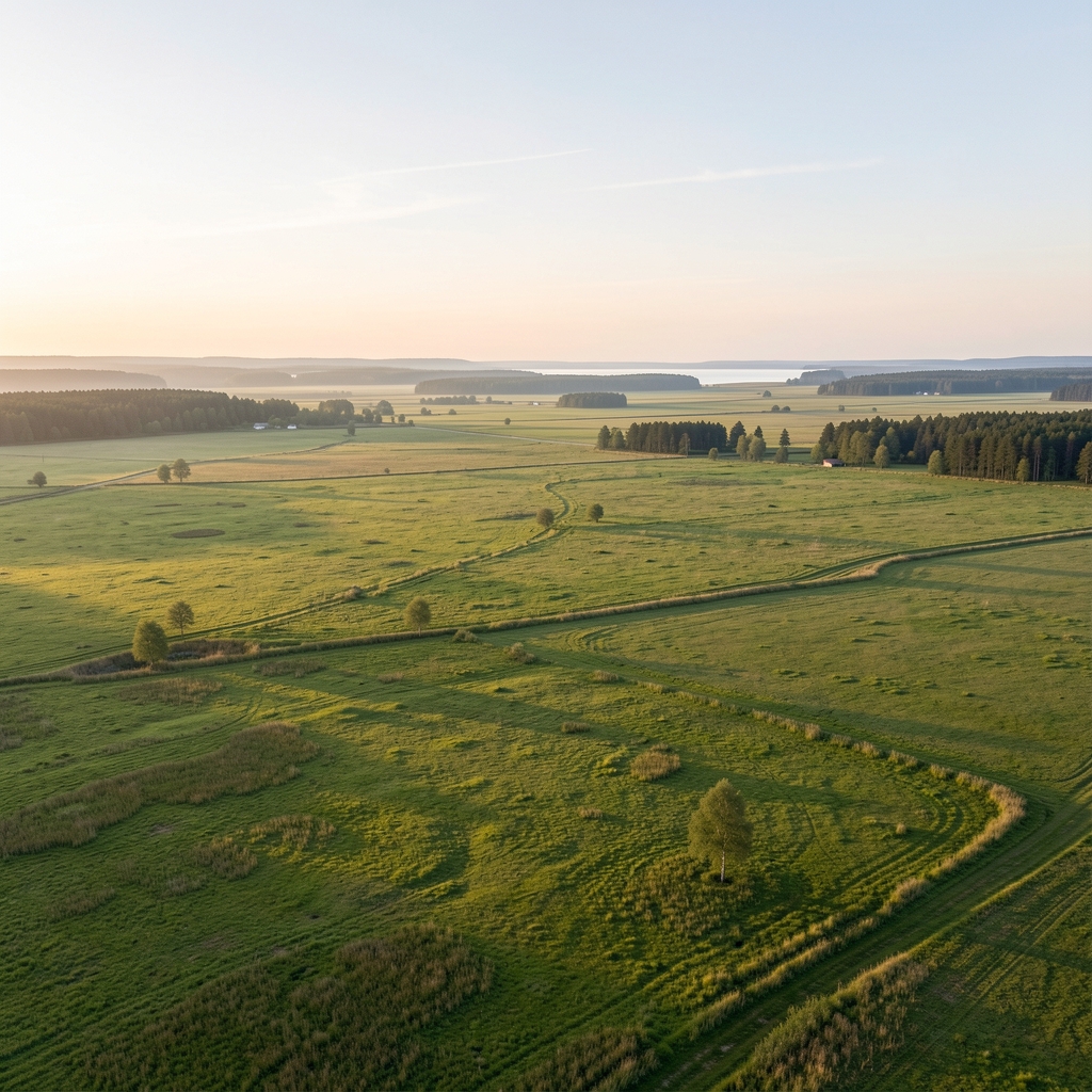 Ruhige skandinavische Landschaft mit weitem Horizont, sanftem diffusem Morgenlicht und grünen Wiesen, aus der Vogelperspektive