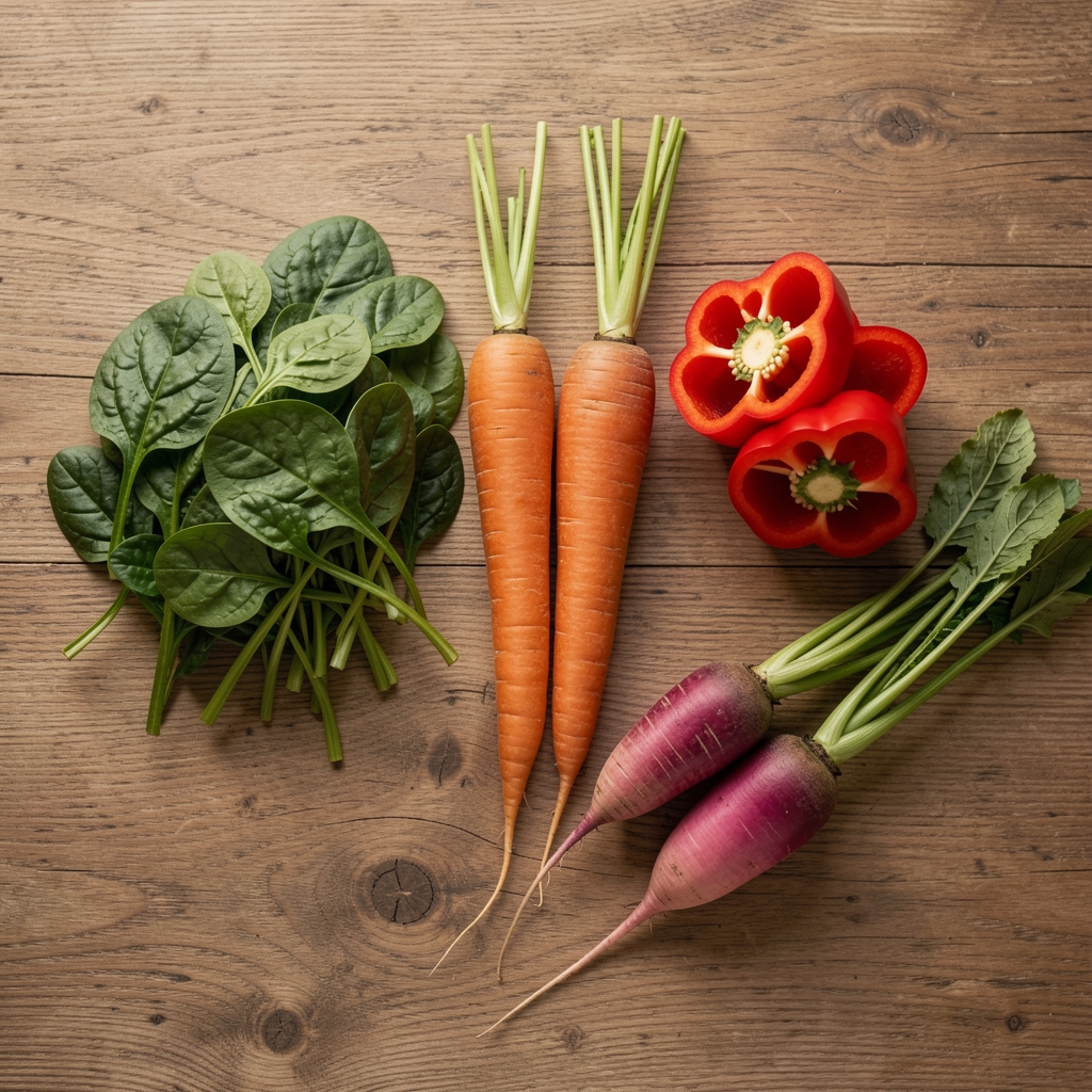Draufsicht auf Holztisch mit verschiedenen frischen Gemüsesorten wie Spinat, Karotten, Paprika und Rettich in natürlichem Tageslicht